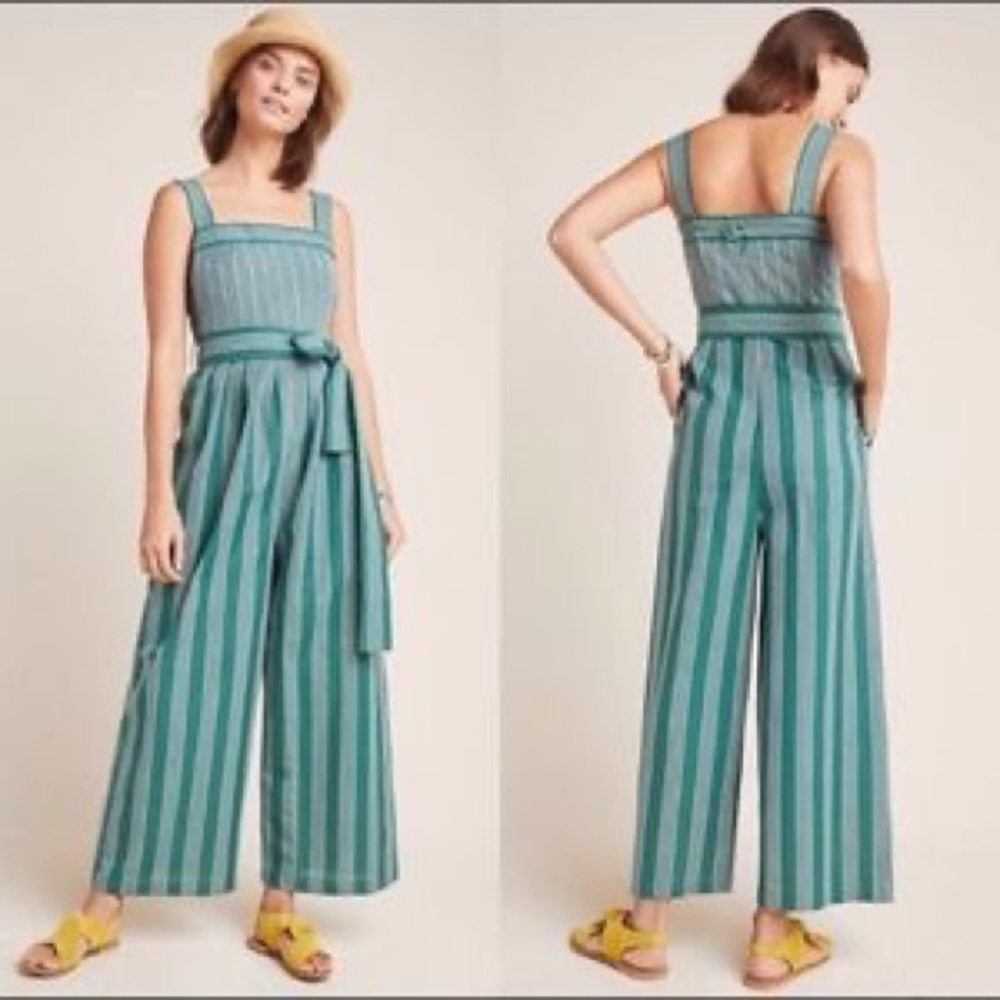 Anthropologie Green Striped Jumpsuit